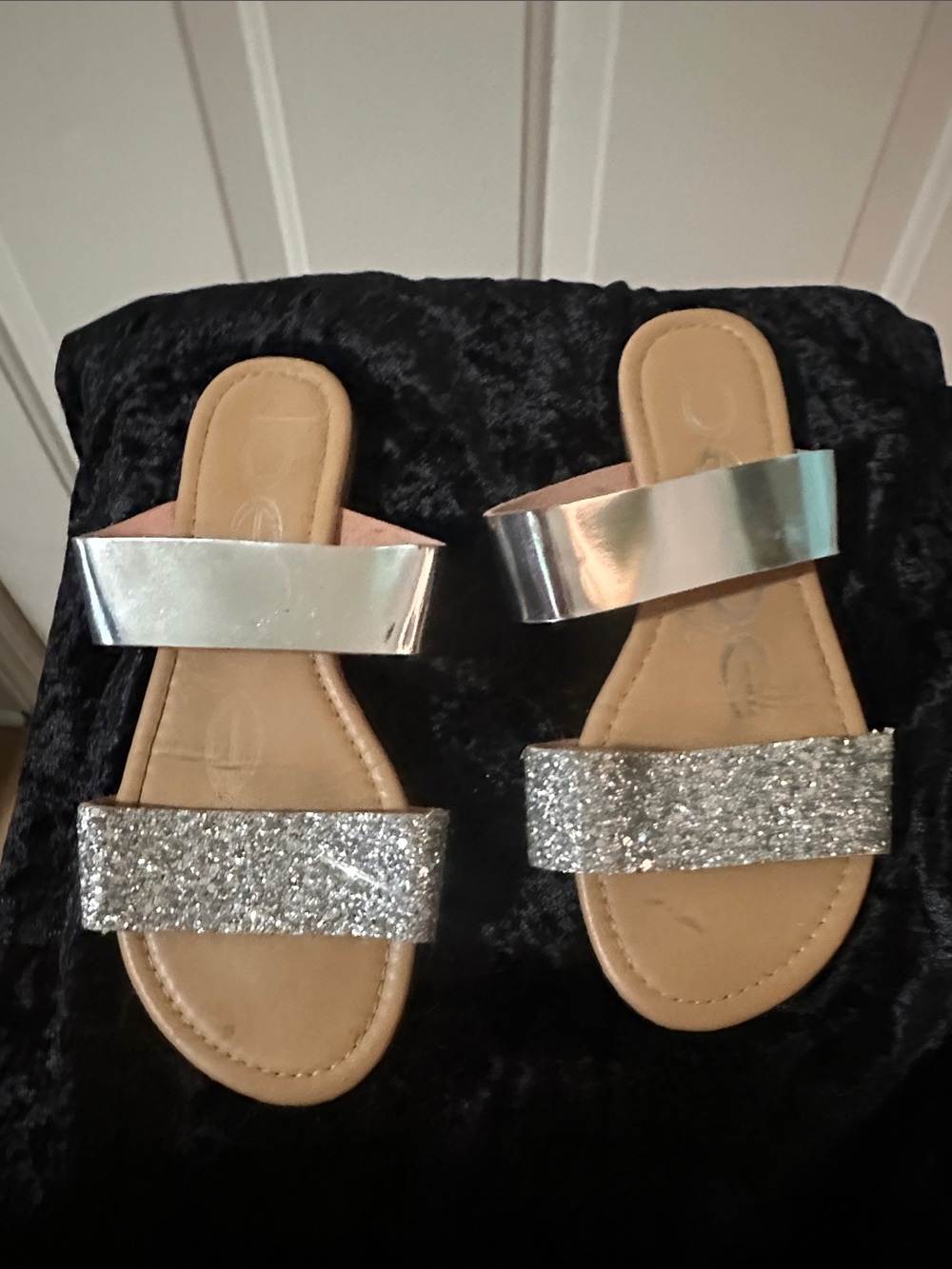bebe Silver Glitter and Metallic Slide Sandals